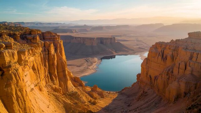 Vast canyon landscape with winding river between towering cliffs at golden hour revealing dramatic scale erosion patterns and serene desert scenery