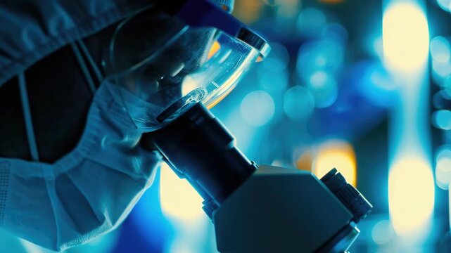 Scientist in a lab coat looking down at a microscope slide with focused intensity.