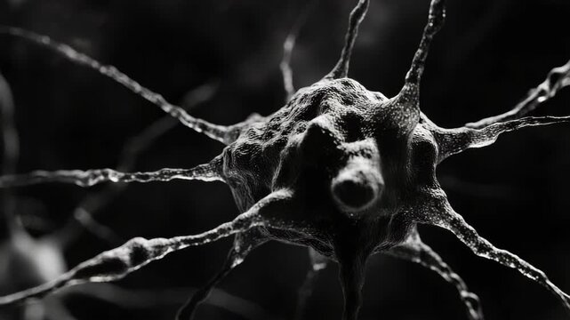 The captures the intricate structure of a neuron cell in high detail, showcasing its dendrites and axon.
