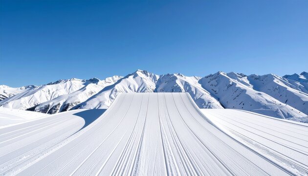 Point of view shot of a perfectly groomed snowboard kicker ramp with corduroy snow texture facing snowy mountains