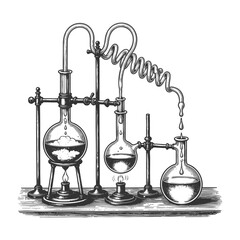classic chemistry distillation apparatus with flasks, burners, and glass tubes on a lab bench sketch engraving generative ai vector illustration. Scratch board imitation. Black and white image.