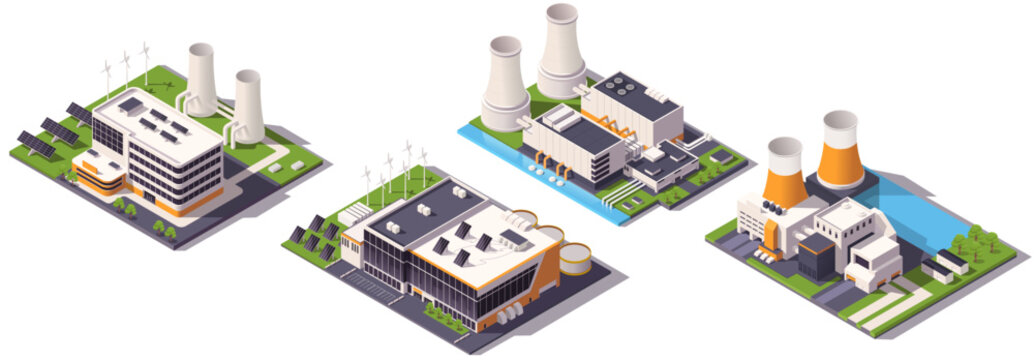 Isometric set of energy power plants including solar, wind, nuclear, and hydroelectric stations on white background. Concept of clean energy. Vector illustration