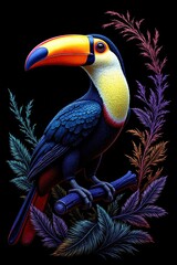 Obraz premium A colorful digital illustration of a toucan perched on a branch, surrounded by vibrant feathers and foliage, set against a dark background.