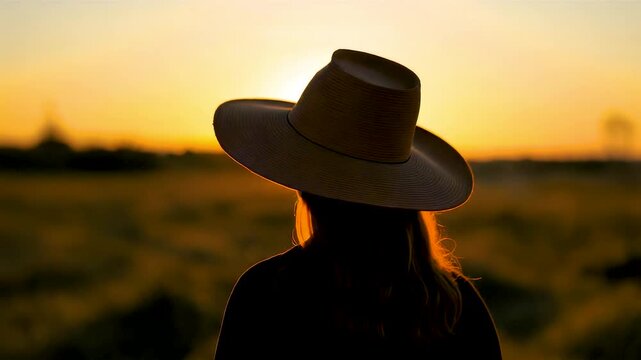 Woman wearing wide brim hat standing in open field at sunset with warm golden light creating calm rural mood freedom and quiet reflection