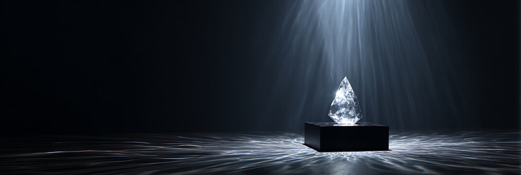 Brilliant crystalline artifact displayed on a dark pedestal under dramatic ethereal spotlights, creating caustic reflections on the floor.