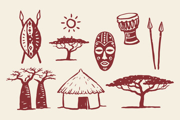 African tribal symbols doodle line art vector illustration