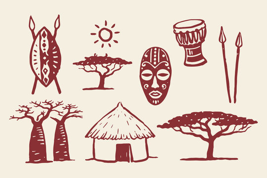 African tribal symbols doodle line art vector illustration
