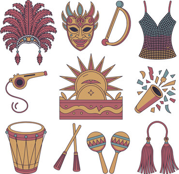 Professional Carnival icons for Rio and Oruro. Detailed vector set featuring samba headdresses, Diablada masks, and festival instruments. Vibrant purple and yellow graphics isolated on white.