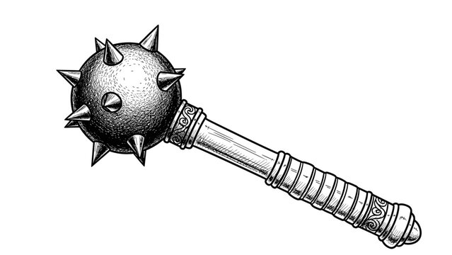Intricate medieval spiked mace: detailed hand drawn black and white art