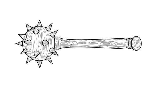 Detailed black and white drawing of a medieval spiked mace