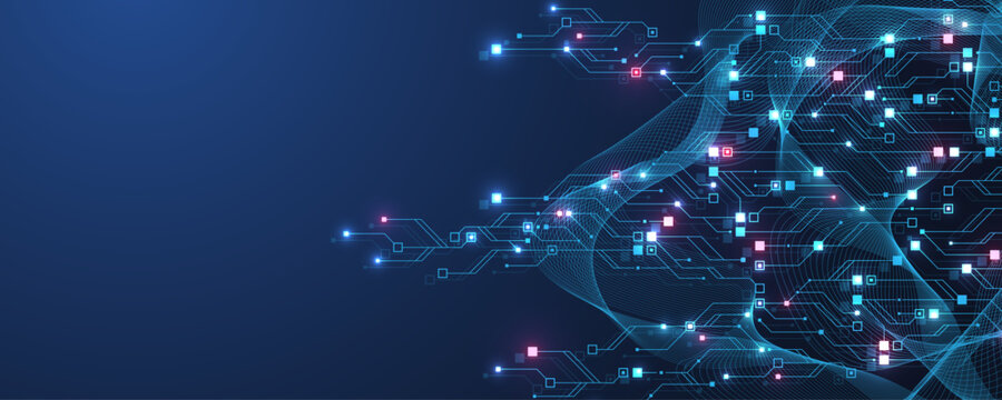 Modern technology circuit board texture background design. Quantum computer technologies concepts, large data processing. Futuristic blue circuit board background. Minimal vector motherboard