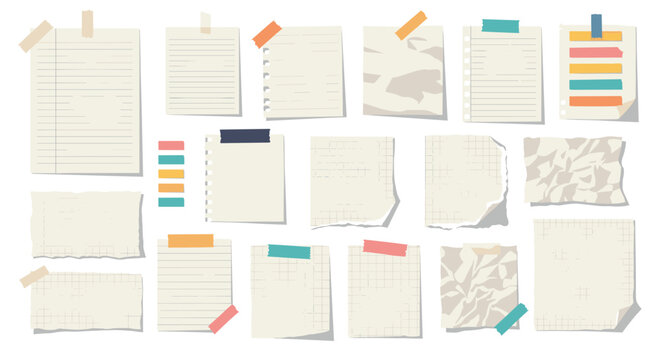 Collection of various torn and crumpled pieces of paper notes with colorful adhesive tape and push pins for a realistic scrapbooked look.