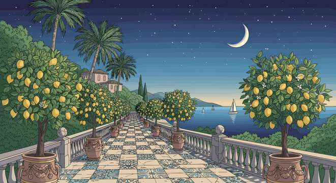 Peaceful pixel art scene of a Mediterranean garden terrace at night with potted lemon trees and a crescent moon over the quiet sea.