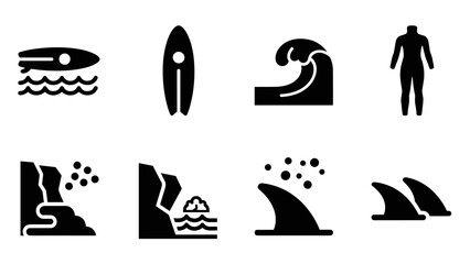 Surfer icons: minimalistic surfing and wave symbols in black