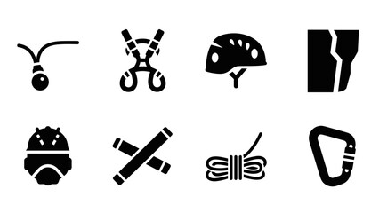 Obraz premium Bold set of climbing gear icons featuring rope helmet harness in silhouette style
