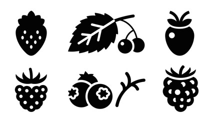Fruits silhouette icons set: strawberry, raspberry, cherry, berry, leaf