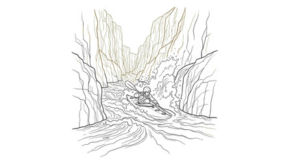 Fototapeta premium Hand drawn kayaker conquering rapids in canyon with dynamic line art