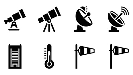 Fototapeta premium Weather and astronomy equipment icons set in bold black silhouette style