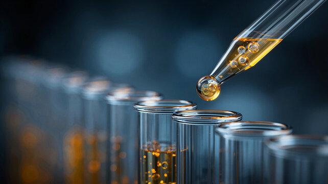Pipette dripping yellow liquid into test tubes