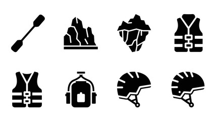 Adventure icons set: kayaking, climbing, and safety gear silhouettes