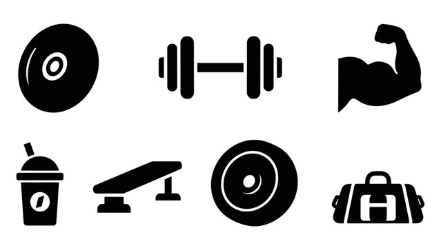 Fitness icon set: dumbbell, weights, muscle silhouette, gym bag, protein shake