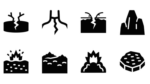 Set of earthquake and land erosion icons in black silhouette style