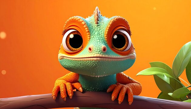 Cham&auml;leon mit gro&szlig;en Augen - oranger Hintergrund