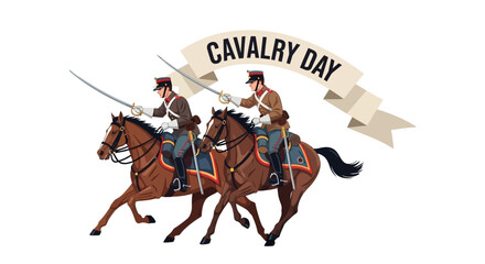 Cavalry Day illustration featuring horsemen riding horses with a banner, Cavalry, Horsemen, Horses, Riding, Illustration