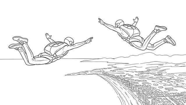 Dynamic linear drawing of two skydivers over coastal skyline