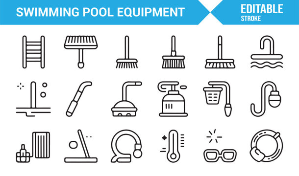 Backyard swimming pool equipment vector icon set
