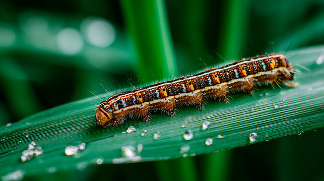 Fall armyworm Spodoptera frugiperda insect on green leaf. Close up photo of the pest insect. Macro image showcases on a plant leaf at a field