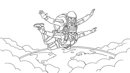 Fototapeta premium Exciting skydiving adventure: outline of two skydivers soaring above the earth
