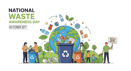 People worldwide celebrating National Waste Awareness Day with eco-friendly activities around the globe vector illustration