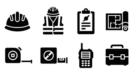 Construction safety and tools icon set for building and engineering projects