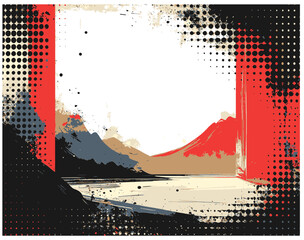 Bold, abstract mountain landscape framed by a distressed halftone border in red, black, and beige. Evokes rugged nature, adventure, and dramatic outdoor scenery for stock imagery
