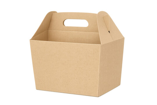Brown kraft paper gable box with handle, blank carrier for product packaging, takeout food, or gifts, transparent background