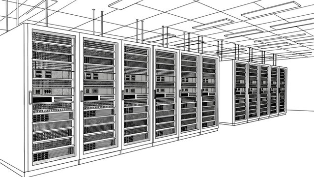 Modern data center architecture with detailed server racks in black and white