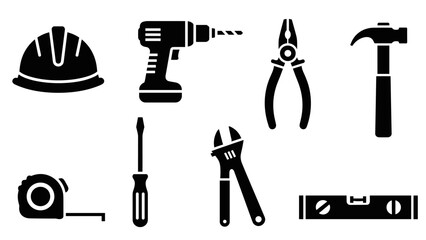Obraz premium Silhouette set of essential construction tools for builders and diy projects