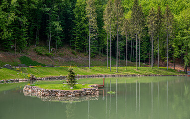 A serene man-made pond features a small stone-walled island with a single evergreen tree, set against a lush green forest backdrop with tall pine trees reflecting in the calm water.