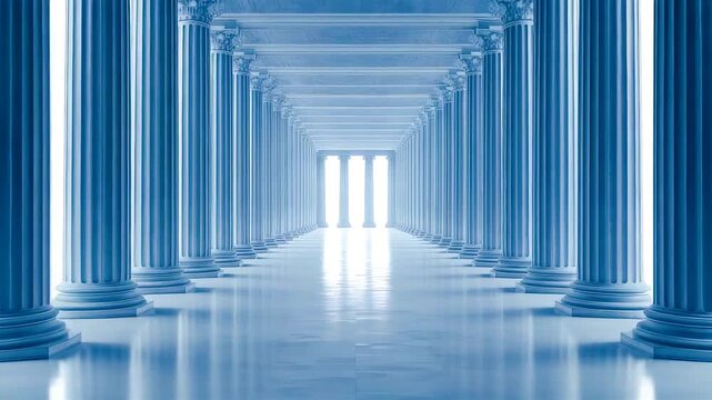 Bright white classical columns forming long symmetrical corridor with glowing light at the end creating serene architectural depth and timeless elegance