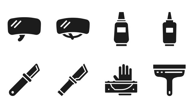 Silhouette car window tinting tools set: squeegee, cutter, spray bottle icons