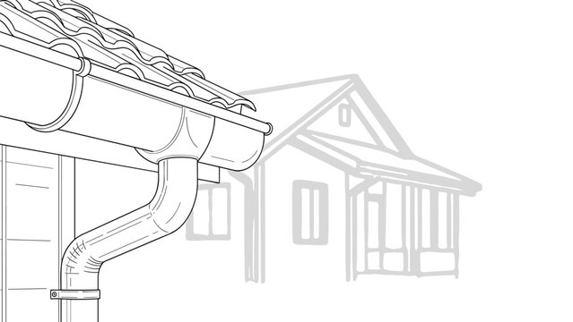 Linear roof drainage system with gutter and pipe on outlined house background