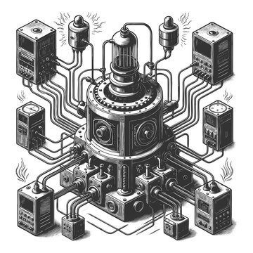 vintage mechanical device connected to numerous wires, switches, and control boxes in all directions sketch engraving generative ai vector illustration. Scratch board imitation. Black and white image.