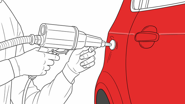 Car repair technician using paintless dent repair tool on vehicle