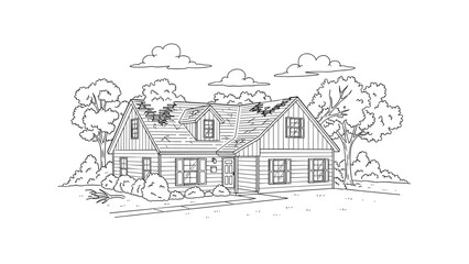 Obraz premium Charming country house line art with trees and clouds in background