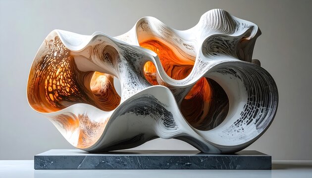 Abstract Glass Sculpture with Orange and White Swirls on Marble Base.