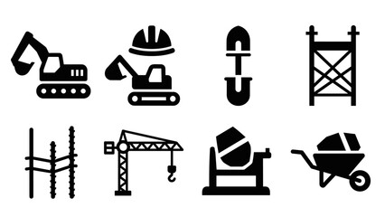 Construction equipment icons set: excavator, crane, wheelbarrow, helmet, shovel, scaffolding