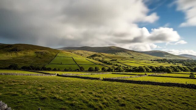Time-lapse of lush green rolling hills and traditional stone walls. Clouds moving across the sky over a rural valley landscape. Scenic countryside view
