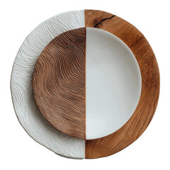 Decorative layered plates; wood grain, white porcelain in circular display