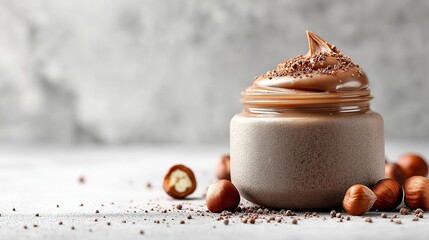 A jar of chocolate with nuts on top. The jar is half full and the nuts are scattered around it